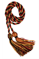black, red and gold intertwined cord with knots and tassels on both ends