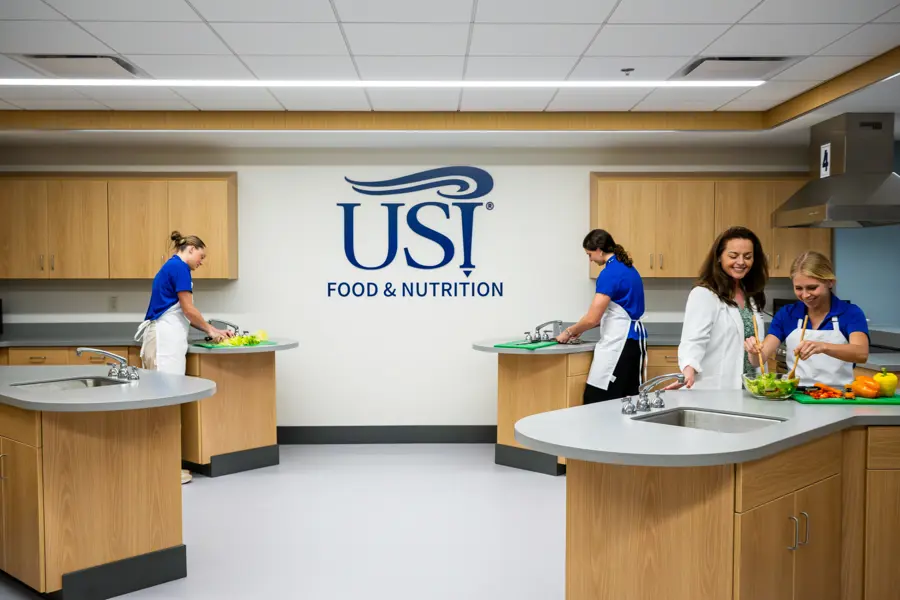 Students and faculty prepare meals in the USI test kitchen