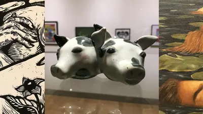 Images of exhibited art: House-shaped box with drawers, print of two persons, sculpture of two calf heads, painting of two faces in water, and animal sculpture