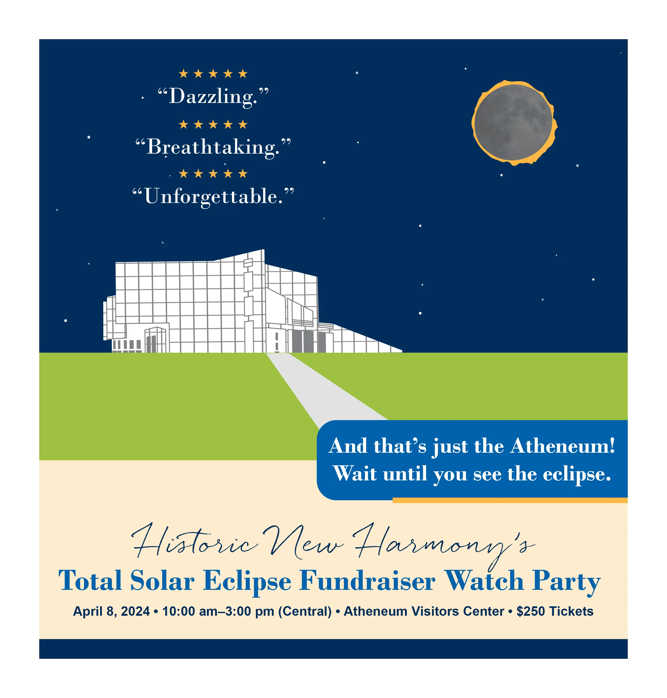 Historic New Harmony's Total Solar Eclipse Fundraiser Watch Party Flyer Historic New Harmony's Total Solar Eclipse Fundraiser Watch Party Flyer