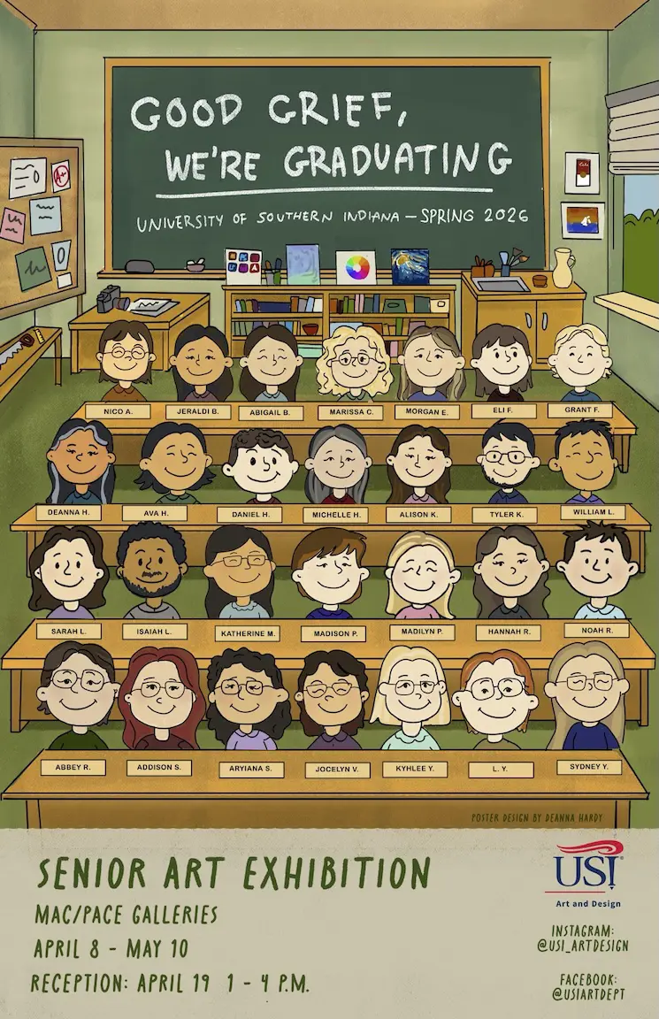 A cartoon-style classroom with seated students representing the 28 exhibition participants. Items drawn in the back represent different disciplines of art, such as a camera and color wheel