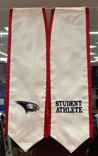 white stole with red trim and Student Athlete navy lettering on one side and the USI athletic eagle logo on the other side