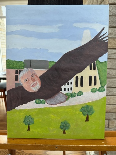 Painting of President Bridges' face on an eagle soaring over the USI Quad