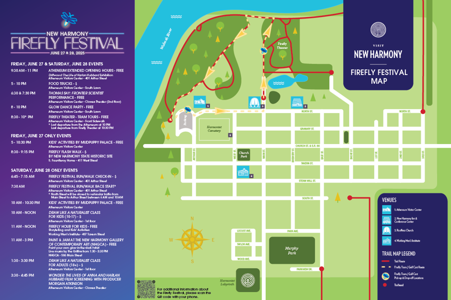 Colorful Firefly Festival site map showing streets, landmarks, and event locations in New Harmony.