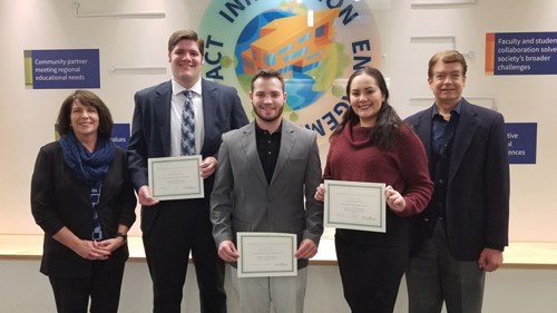 L to r: Dean Cathy Carey; Thomas Busche; Braden Taylor; Alicia Frederick; and Dr. Brian McGuire, associate dean.