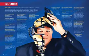 Magazine spread featuring Miles Mann in Umpire mask