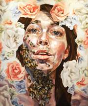 Image of woman's face surrounded by flowers and bees