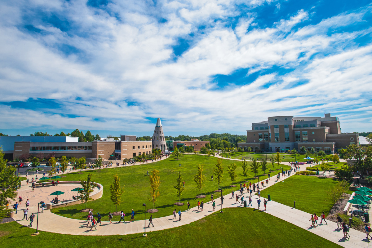 Aerial shot of The Quad from the third floor balcony of the Business and Engineering Center.