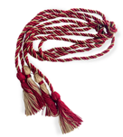 burgandy and gold intertwined cords with knots and tassels at each end