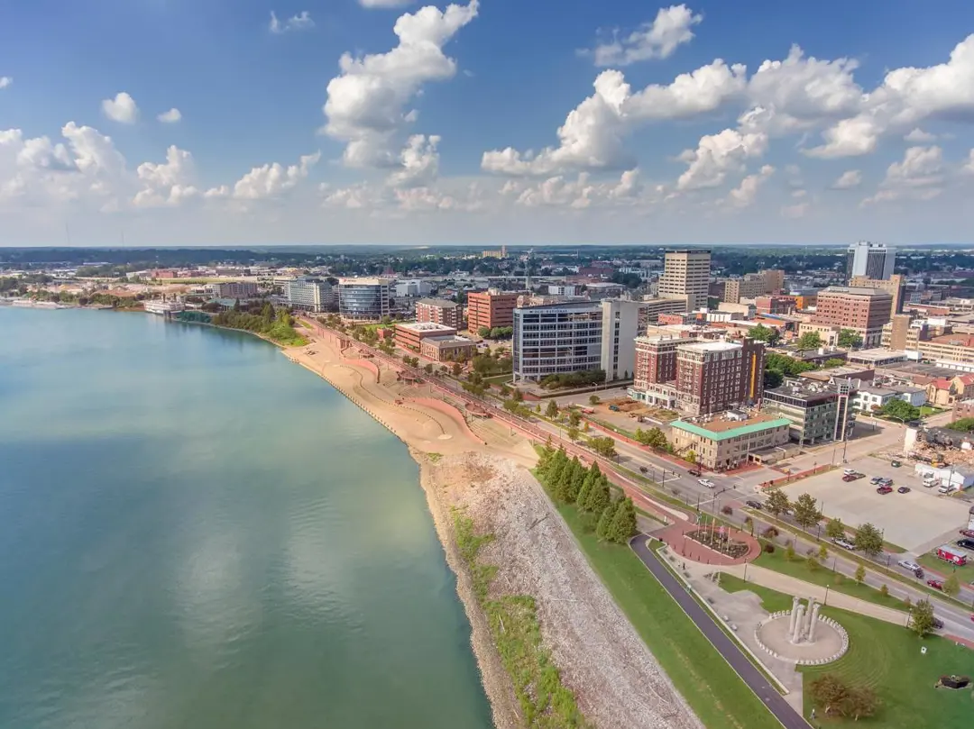 Aerial view of the Evansville riverfront on a sunny day