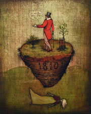 Image of man on floating cone of earth, woman lying below