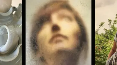 Three artworks: a ceramic vase, a photo of a woman and child, and a photo of a face