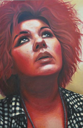 Oil painting of a woman's face looking upward