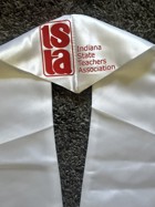 white stole with red Indiana State Teachers Association logo and text on the back where two sides meet