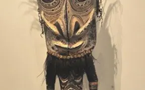 Male Ancestral Figure, carved wood, cowrie shells, paint and feathers, Independent State of Papua New Guinea