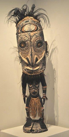 Male Ancestral Figure, carved wood, cowrie shells, paint and feathers, Independent State of Papua New Guinea
