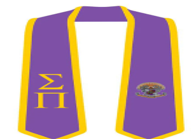 purple stole with gold trim and gold Greek Sigma Pi letters on one side and the Sigma Pi emblem on the other side