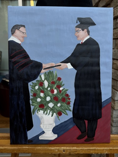 Painting of young President Bridges receiving his diploma from Dr. Rice, President Emeritus