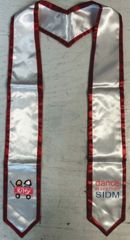 white stole with dark red trim, Riley red wagon logo on the right lower side of stole and Southern Indiana Dance Marathony logo on the right lower side of the stole