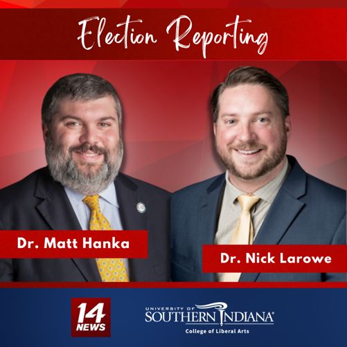 Drs. Hanka & Larowe in suit and tie on a red background. Text reads Election Reporting