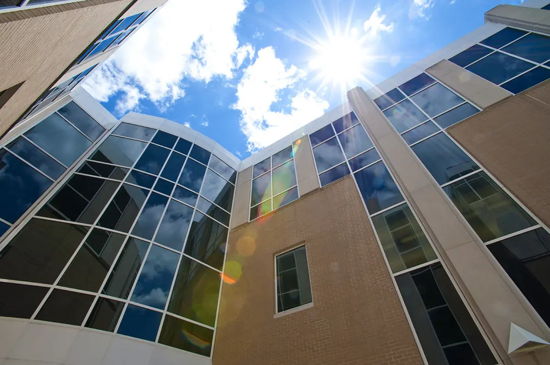 Low angle view of the exterior of the Education Center building