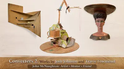 Exhibition postcard featuring three wood sculptures