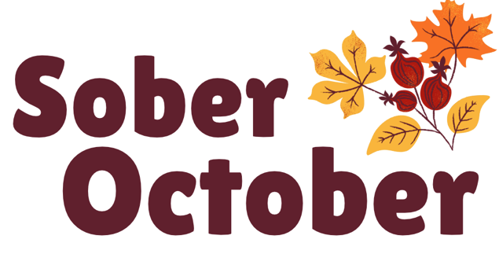 Sober October logo in brown letters with orange and yellow fall leaves in the corner. 