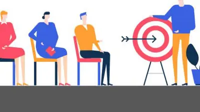 Graphic image of a classroom with three students and an instructor with a target and an arrow in the bullseye