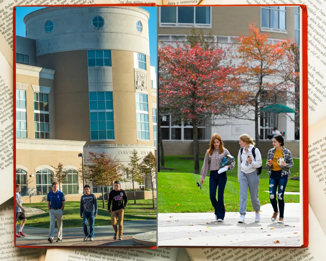 An open book with pictures of students walking in front of Rice Library in the Fall.