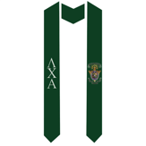 dark green stole with white trim, white Greek Lambda Chi Alpha lettering on one side and the Lambda Chi Alpha logo on the other side