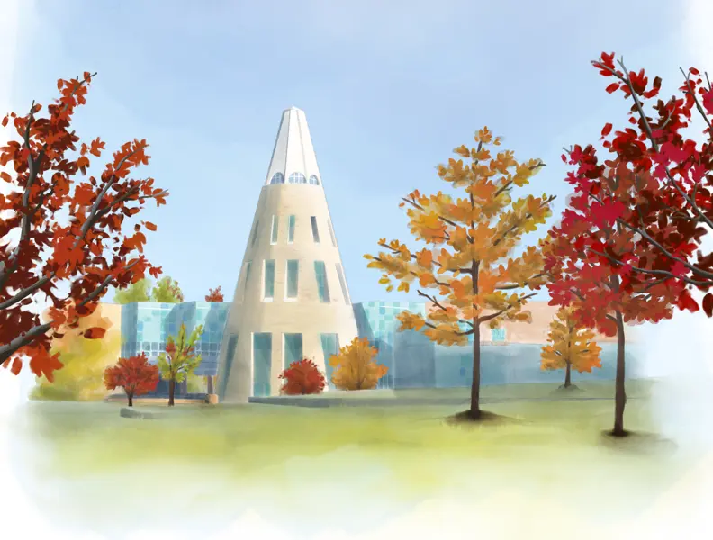 digital illustration showcasing USI's cone and fall trees