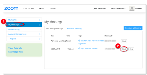 Screenshot of Zoom Screen with My Meetings and Start Circled in Red