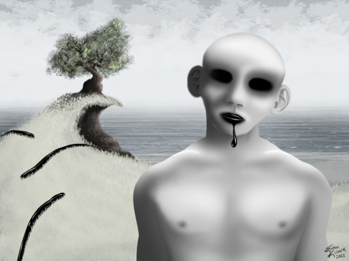 Primarily gray image of tree in the distance with pale figure with black eyes and lips