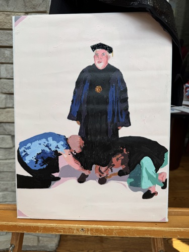 Painting of two people fixing President bridges' shoes while he wears regalia.