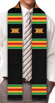 black Kente stole with red, green and yellow line design and red and gold emblem on both sides