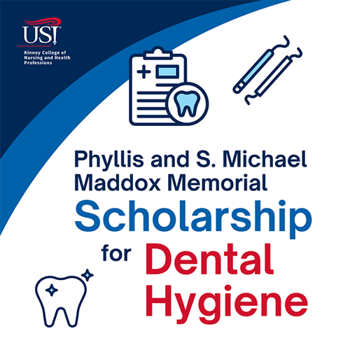 graphic for scholarship with words, "Phyllis and S. Michael Maddox Memorial Scholarship for Dental Hygiene with icons of tooth, dental tools and clipboard