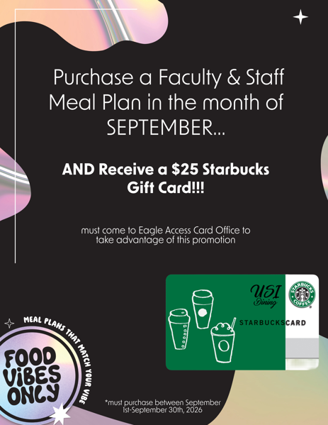 Graphic with details of the USI Dining Meal Plan offers for Faculty and Staff.