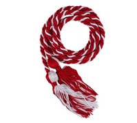 single red and white intertwined cords with knots and tassels on each end